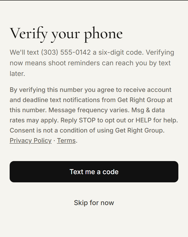 The Verify your phone step after accepting an invitation: the consent text, a Text me a code button, and a Skip for now button.