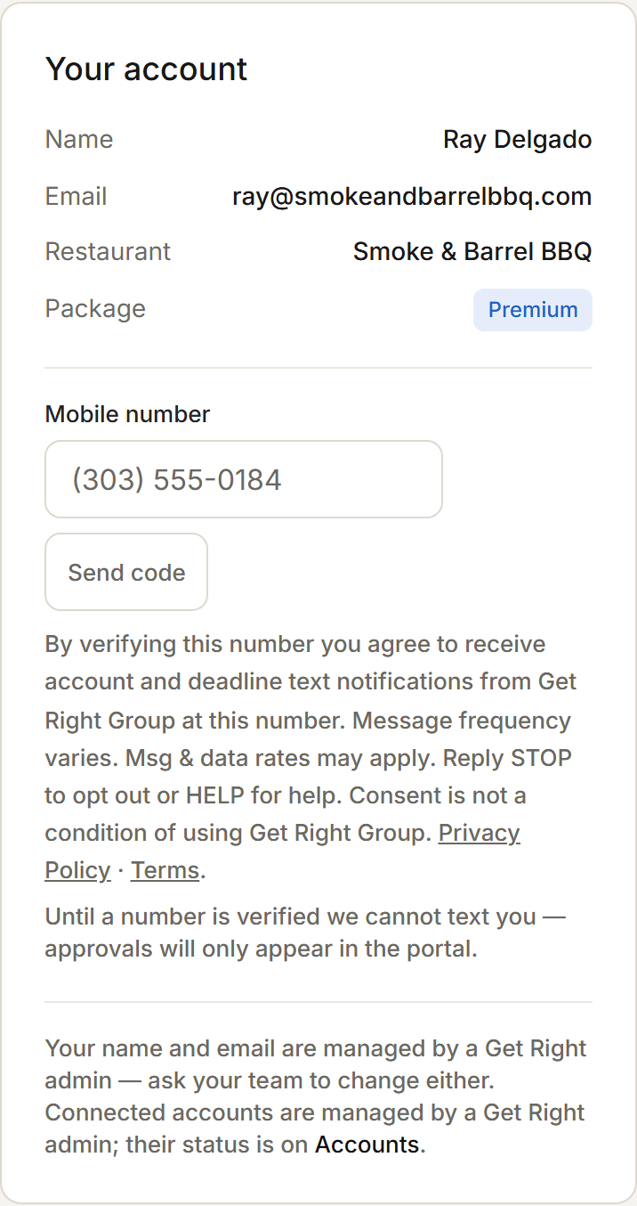The Settings page's Your account card: a Mobile number field, a Send code button, and beneath them the consent text quoted above with Privacy Policy and Terms links.